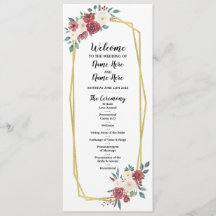 Rood Crème Menu Aquarel Bloemen Huwelijksprogramma