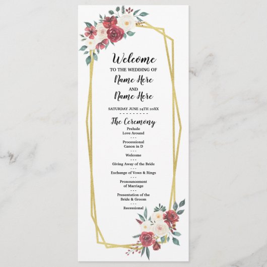 Rood Crème Menu Aquarel Bloemen Huwelijksprogramma (Voorkant)