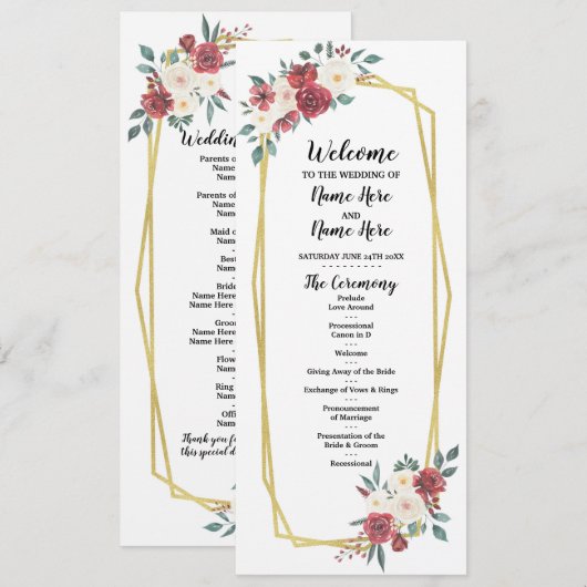 Rood Crème Menu Aquarel Bloemen Huwelijksprogramma (Voorkant / Achterkant)