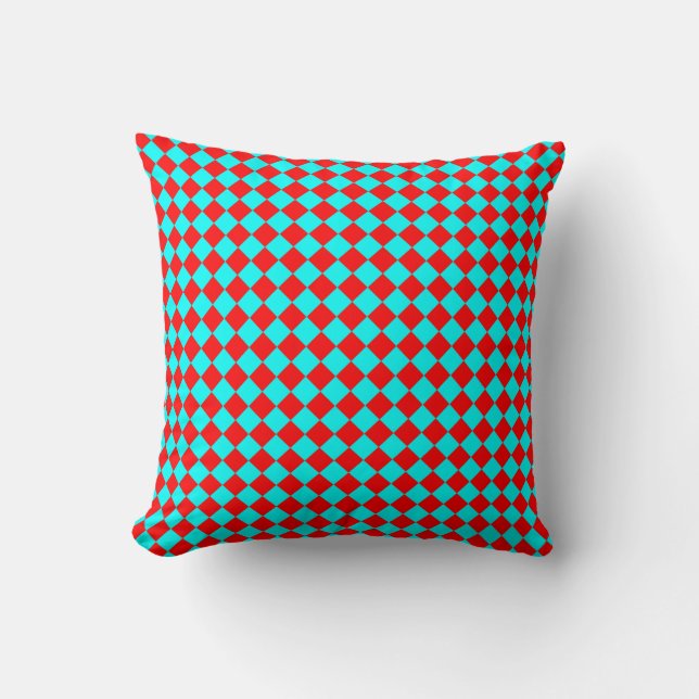 Rood Cyaan Schacherdiamantpatroon Kussen (Voorkant)