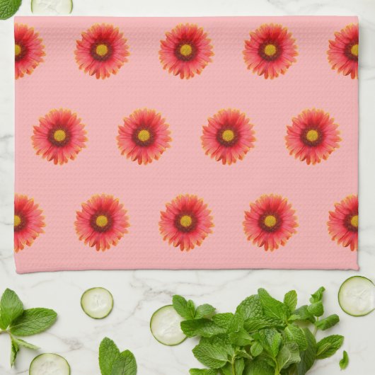 Rood Daisy Bloem Naadloos Patroon op Keukenhanddoe Theedoek (Gevouwen)