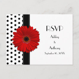 Rood Daisy Zwart Wit Polka Dot Bruiloft RSVP Uitnodiging Briefkaart