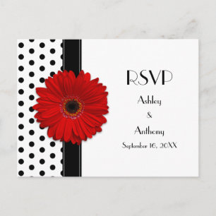 Rood Daisy Zwart Wit Polka Dot Bruiloft RSVP Uitnodiging Briefkaart