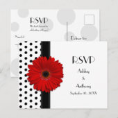 Rood Daisy Zwart Wit Polka Dot Bruiloft RSVP Uitnodiging Briefkaart (Voorkant / Achterkant)