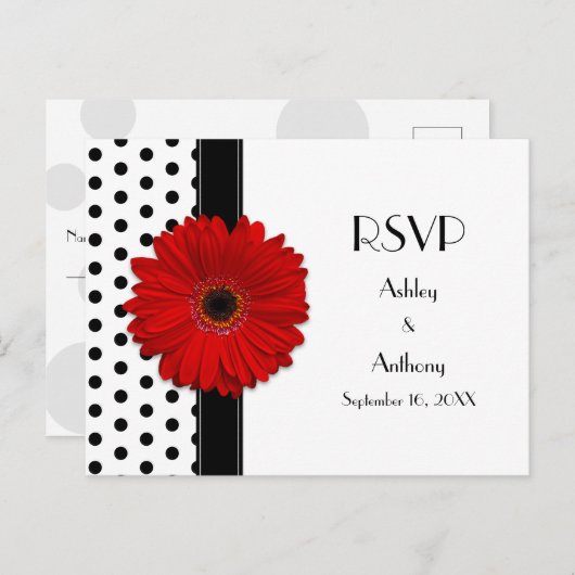 Rood Daisy Zwart Wit Polka Dot Bruiloft RSVP Uitnodiging Briefkaart (Voorkant / Achterkant)