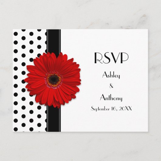 Rood Daisy Zwart Wit Polka Dot Bruiloft RSVP Uitnodiging Briefkaart (Voorkant)