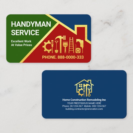 Rood Dak Goud Handyman Gereedschap Rand Visitekaartje (Voorkant / Achterkant)