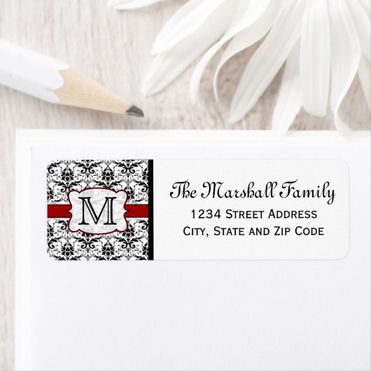 (Rood) Damask Monogram retouradreslabels Etiket (Insitu)