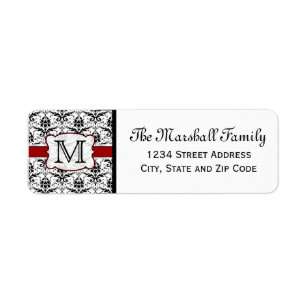 (Rood) Damask Monogram retouradreslabels Etiket