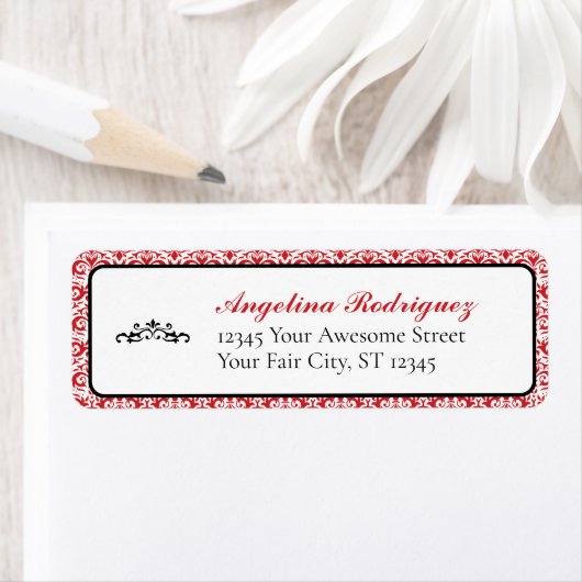 Rood Damask Pattern Afstuderen Etiket (Insitu)