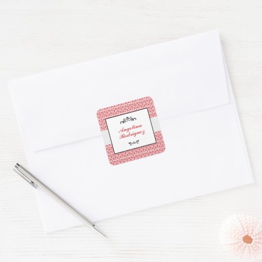 Rood Damask Pattern Afstuderen Vierkante Sticker (Envelop)