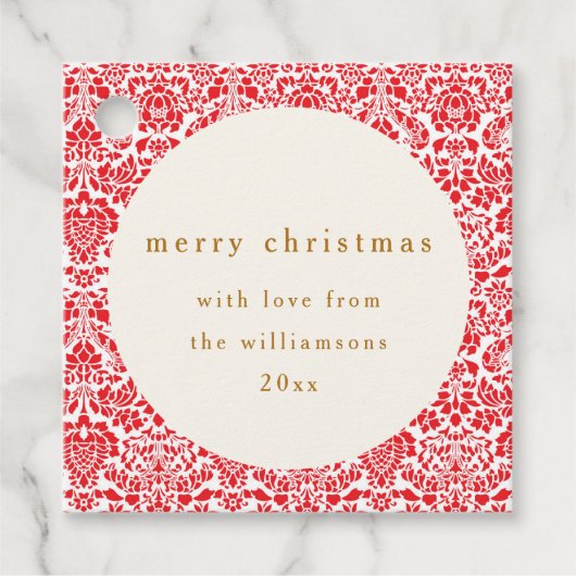 rood damast feestelijke aangepaste vrolijke kerst bedankjes labels (Voorkant)