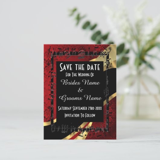 Rood damast goud en zwart slaan de datum op aankondigingskaart (Staand voorkant)