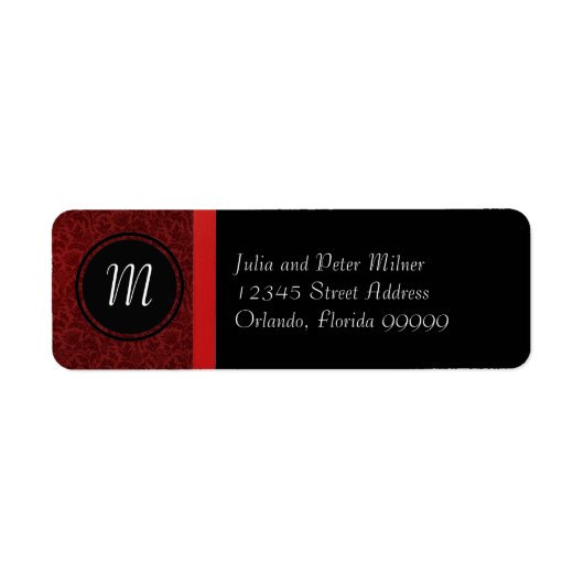 Rood Damast & Rood Lint Monogram-Terugadreslabel Etiket (Voorkant)