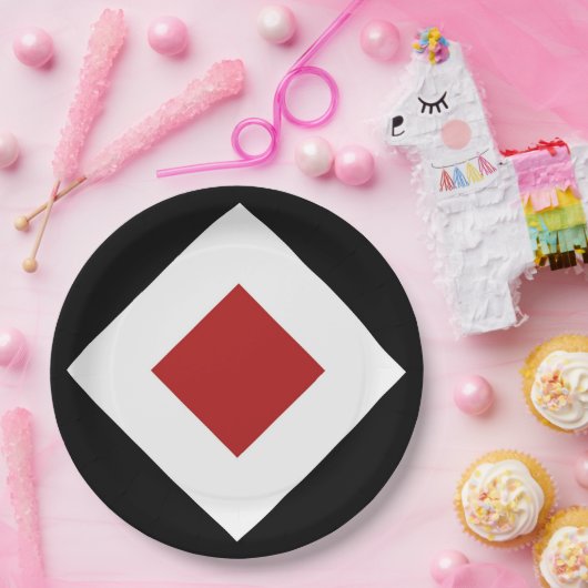 Rood diamant, witte rand zwart papieren bordje (Feest)