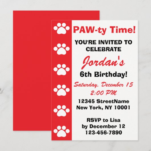 Rood - Dog of Cat Thmed Birthday Party Invitations Kaart (Voorkant / Achterkant)