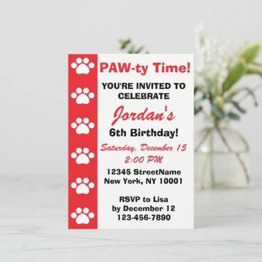 Rood - Dog of Cat Thmed Birthday Party Invitations Kaart (Staand voorkant)