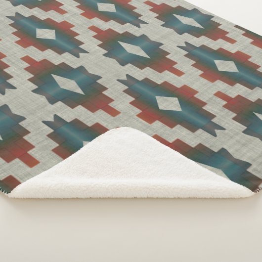 Rood Donkerbruin Blauwgroen Blauw Grijs Tribal Art Sherpa Deken (3/4)