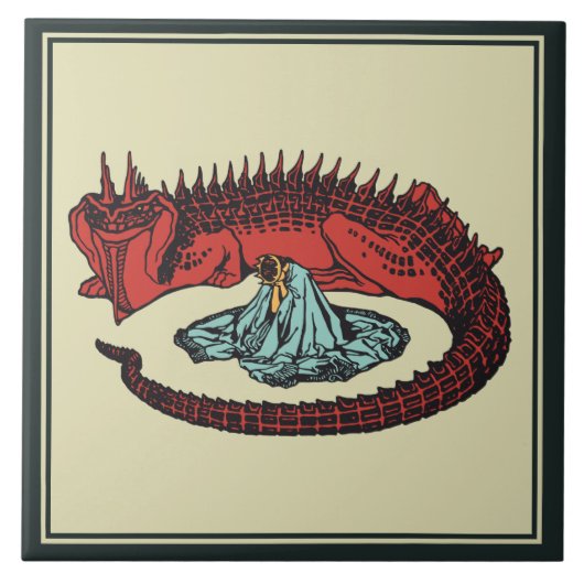  Rood Donkergroen Dragon Lady Art Nouveau Tegeltje (Voorkant)