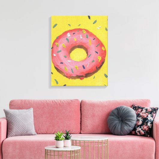 rood donut op een gele achtergrond geschilderd in canvas afdruk (Insitu (Woonkamer))