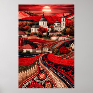 Rood Dorpslandschap onder Zonsondergang – Borduurw Poster