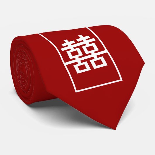 Rood Dubbel Geluk Chinees Bruiloft Oosters Stropda Stropdas (Opgerold)