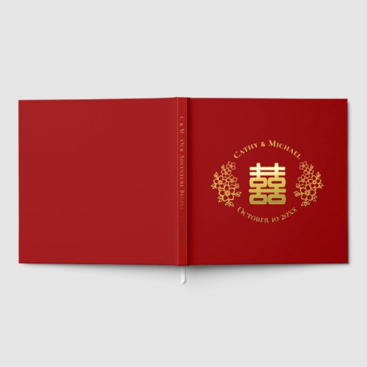 Rood dubbel geluk floral logo chinese bruiloft gastenboek (Volledig)