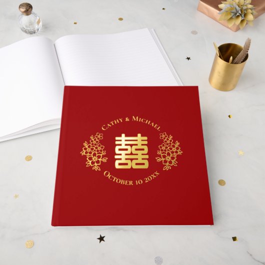 Rood dubbel geluk floral logo chinese bruiloft gastenboek (Voorkant open)
