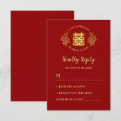 Rood dubbel geluk floral logo chinese bruiloft RSVP kaartje (Voorkant / Achterkant)