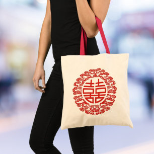 Rood Dubbel Geluk Modern Chinees Huwelijksgunst Tote Bag