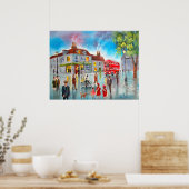 Rood dubbeldeksbus straatschilderij poster (Keuken)