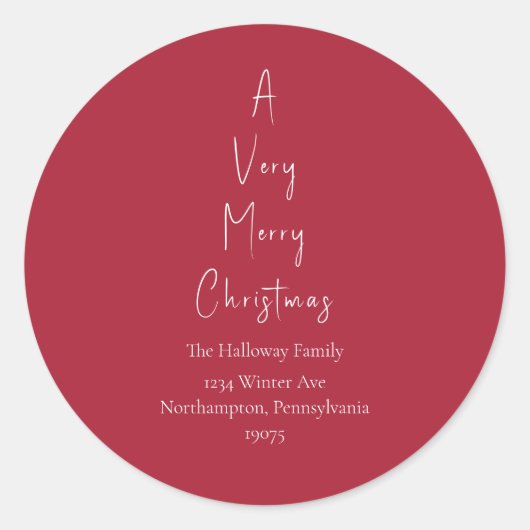 Rood een heel prettige kerstboomenvelop ronde sticker (Voorkant)