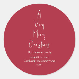 Rood een heel prettige kerstboomenvelop ronde sticker