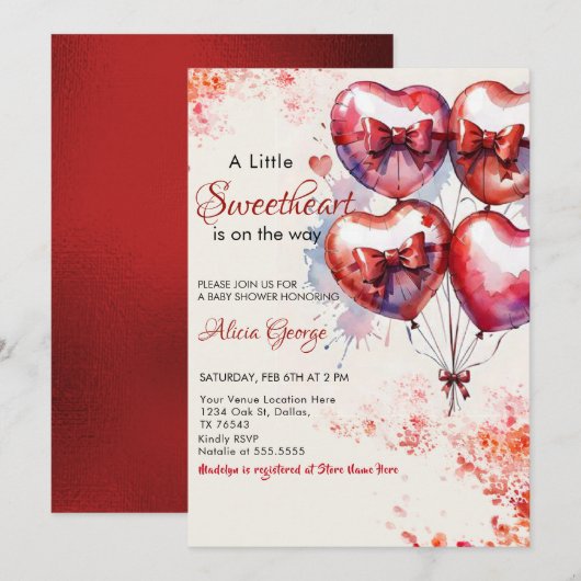 Rood Een Little Sweetheart Ballonnen & boog baby s Kaart (Voorkant / Achterkant)
