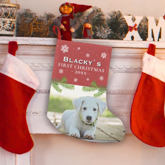 Rood eerste kerstfoto Puppy Photo Pine Snowflake Kleine Kerstsok