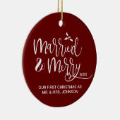Rood eerste kersthuwelijk en pretfoto's keramisch ornament (Rechts)