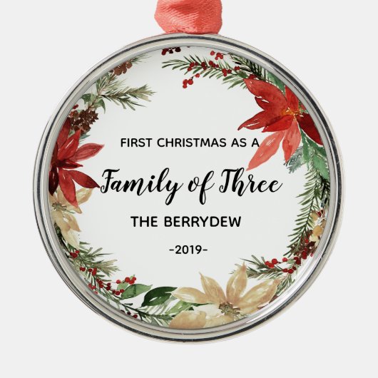 Rood Eerste Kerstmis als familie van drie sieraden Metalen Ornament (Voorkant)