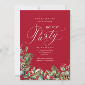 Rood Elegant Botanisch Script Vakantie Party Kaart (Voorkant)