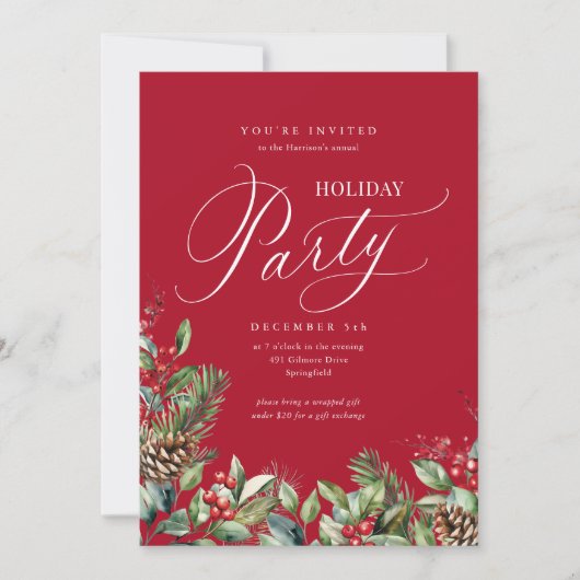 Rood Elegant Botanisch Script Vakantie Party Kaart (Voorkant)