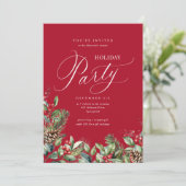 Rood Elegant Botanisch Script Vakantie Party Kaart (Staand voorkant)