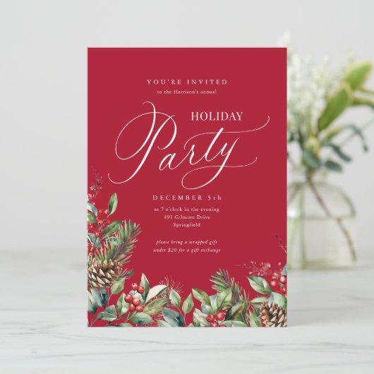 Rood Elegant Botanisch Script Vakantie Party Kaart (Staand voorkant)