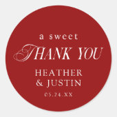 Rood Elegant Een lieve dank u bruiloft gunst Ronde Sticker (Voorkant)