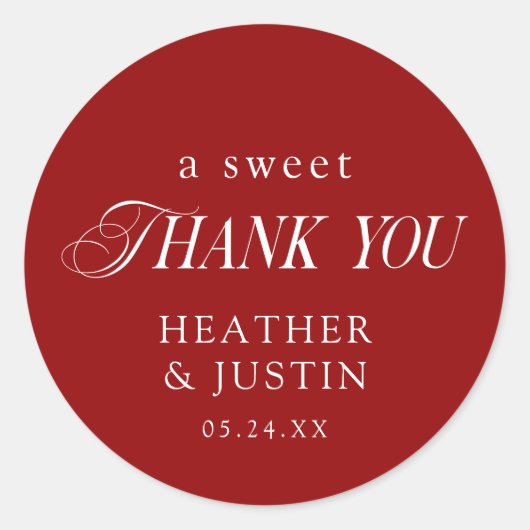 Rood Elegant Een lieve dank u bruiloft gunst Ronde Sticker (Voorkant)