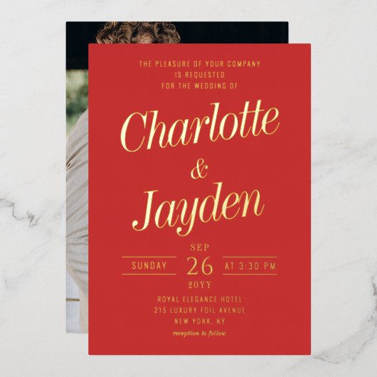 Rood Elegant Folie Script Fotobruiloft Folie Uitnodiging (Voorkant / Achterkant)