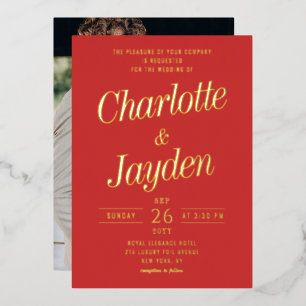 Rood Elegant Folie Script Fotobruiloft Uitnodiging