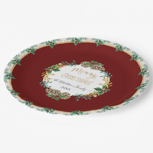 Rood Elegant Kerst Holly Waterverf Gouden Familie Papieren Bordje (Gekanteld)