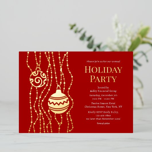 Rood Elegant Kerstfeest Zakelijke vakantie Folie Uitnodiging (Staand Voorkant)