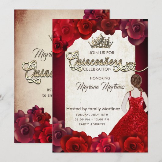 Rood elegant  meisje rozen tiara Quince Kaart (Voorkant / Achterkant)