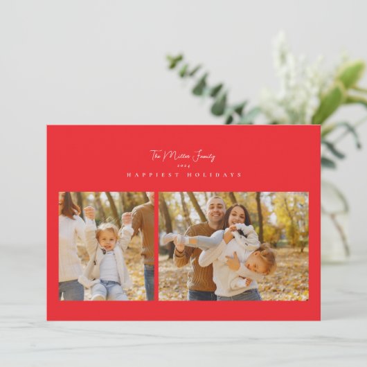 Rood Elegant Minimalist 3 foto collage Happy Feestdagenkaart (Staand voorkant)