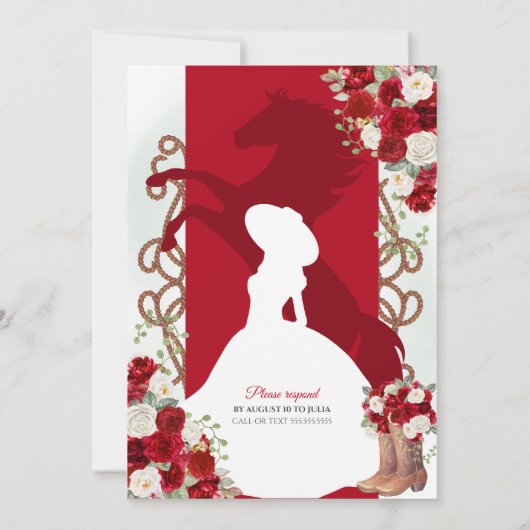 Rood Elegant Rustiek Western Charro Quinceanera V7 Kaart (Achterkant)